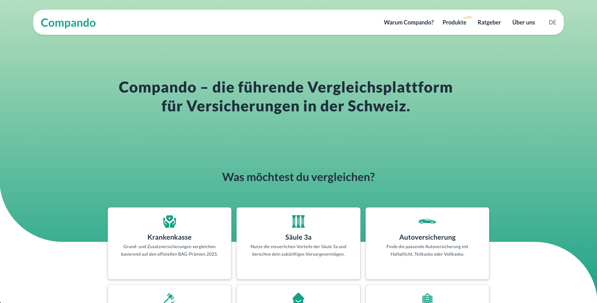 Compando Homepage - Main landing page with insurance comparison interface